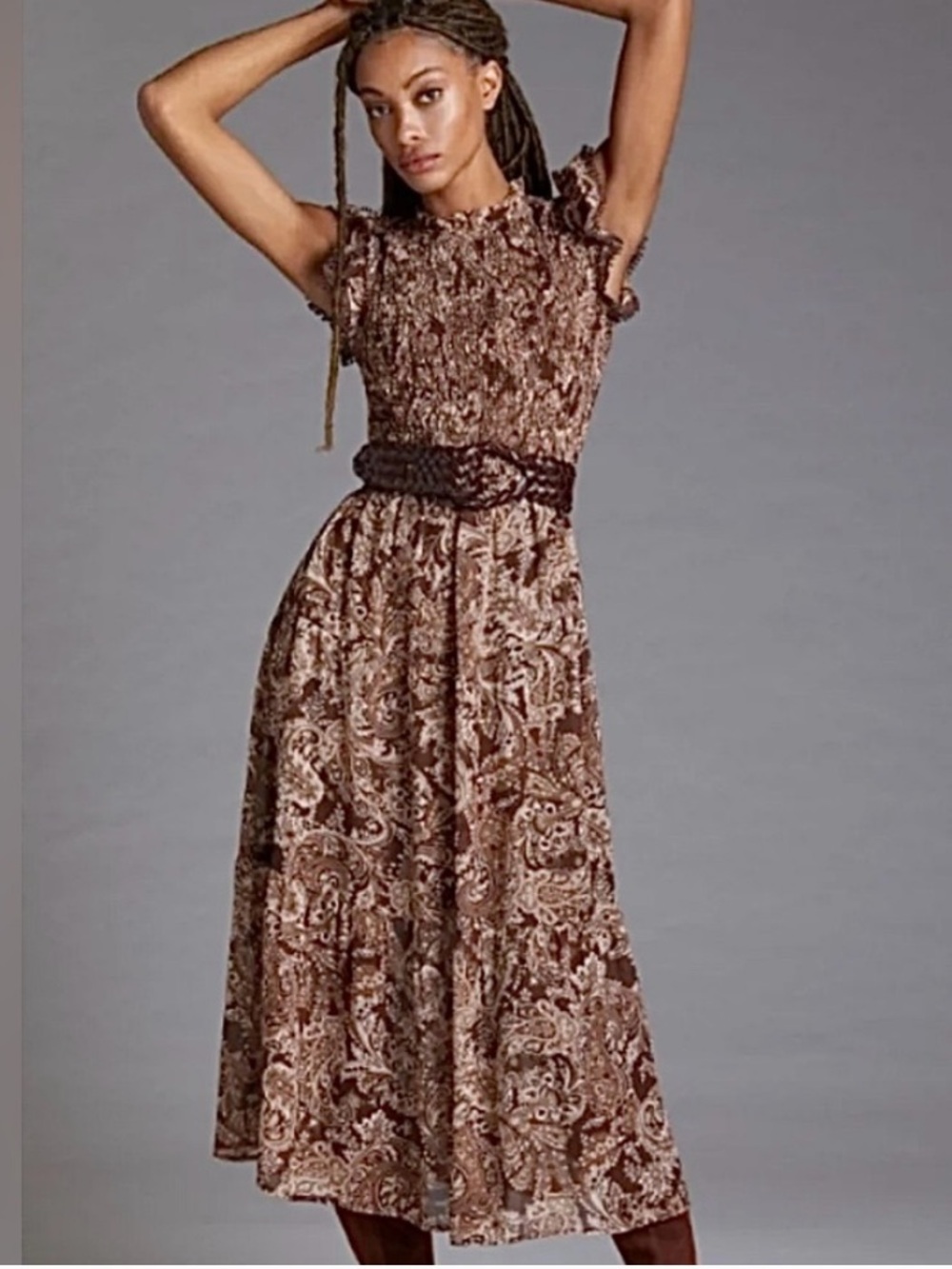 ANTHROPOLOGIE Moon River Brown & Beige Tiered Ruffle Midi Dress size Small